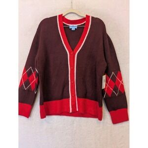 CeCe Womens Wine Red Argyle V-Neck Button Front Cardigan Sweater M